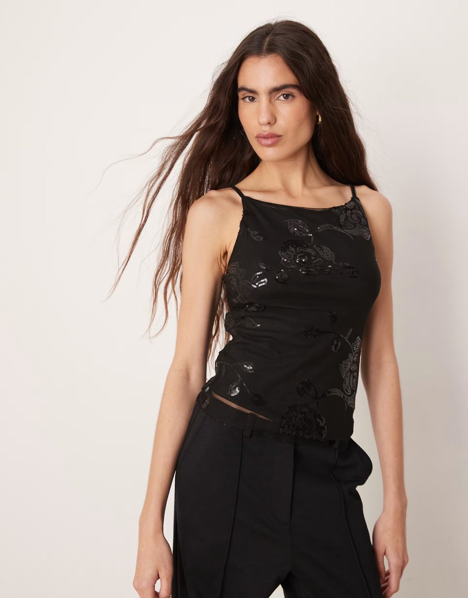 ASOS Gina Tricot floral sequins top in black - 1