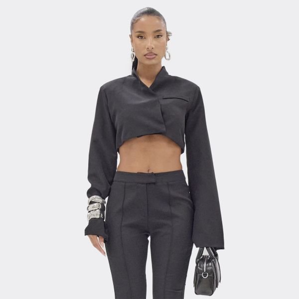 EGO Long Sleeve Pocket Detail Cropped Blazer In Black, Women's Size UK 6 - 2