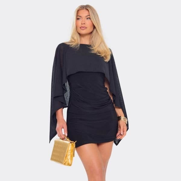 EGO Cape Overlay Ruched Detail Mini Dress In Black, Women's Size UK 4 - 1