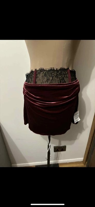 ASOS Design burgundy dark red mini skirt black lace corset velvet velour goth hot daring size 10 - 3