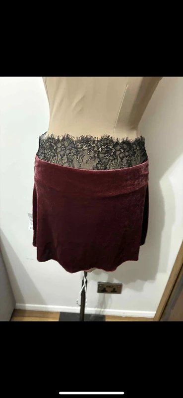ASOS Design burgundy dark red mini skirt black lace corset velvet velour goth hot daring size 10 - 4