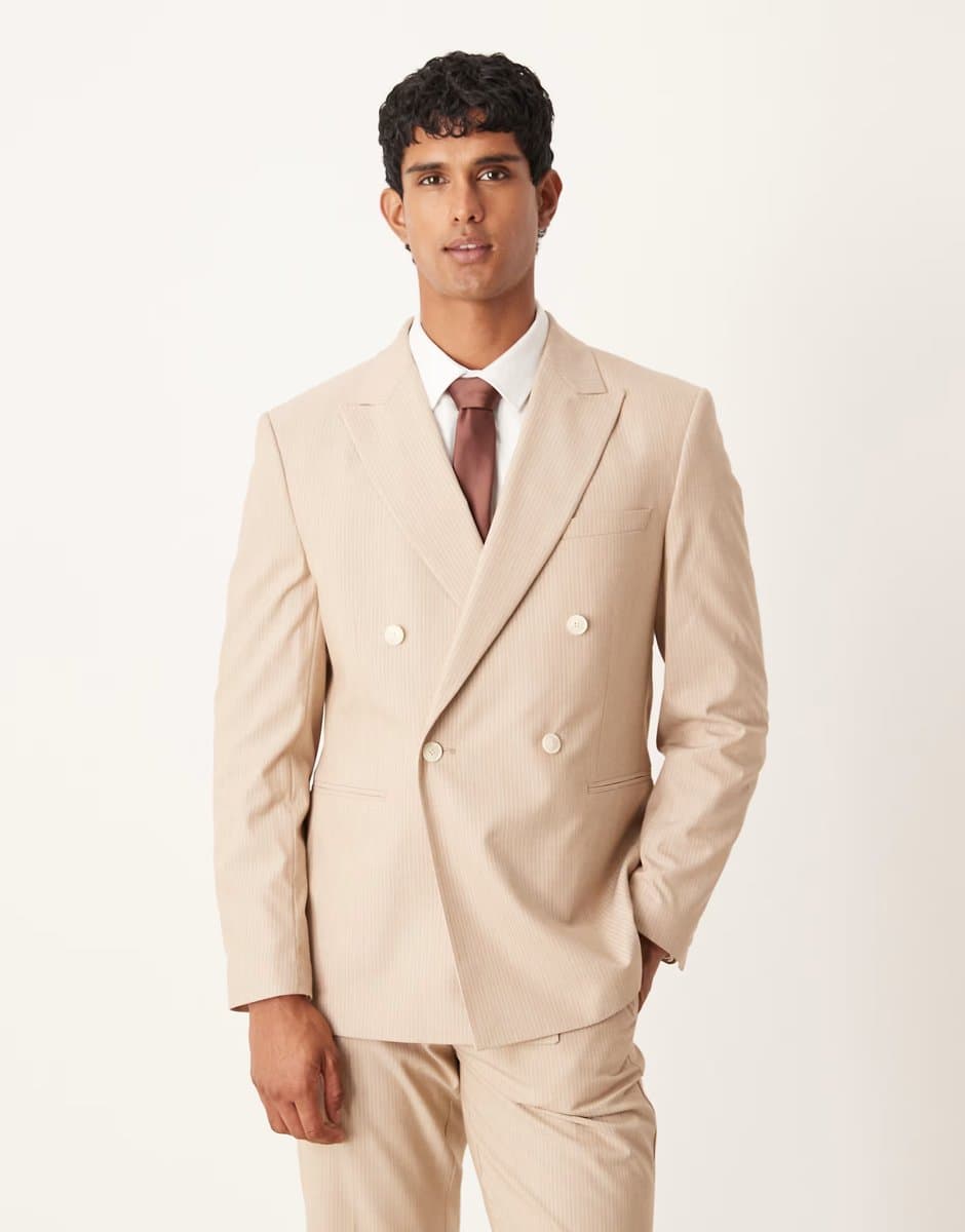 ASOS ASOS DESIGN double breasted regular suit jacket in stone marl pinstripe