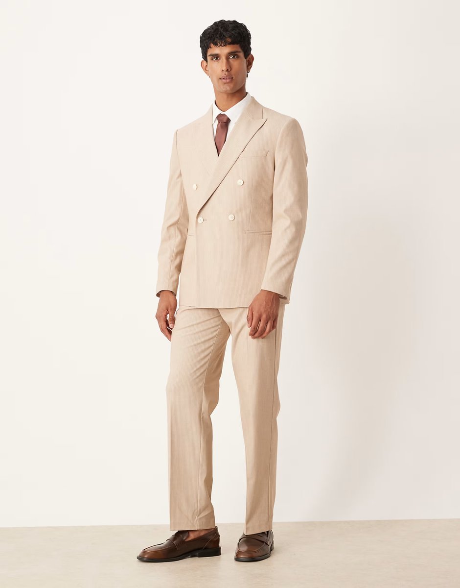 ASOS ASOS DESIGN double breasted regular suit jacket in stone marl pinstripe - 3