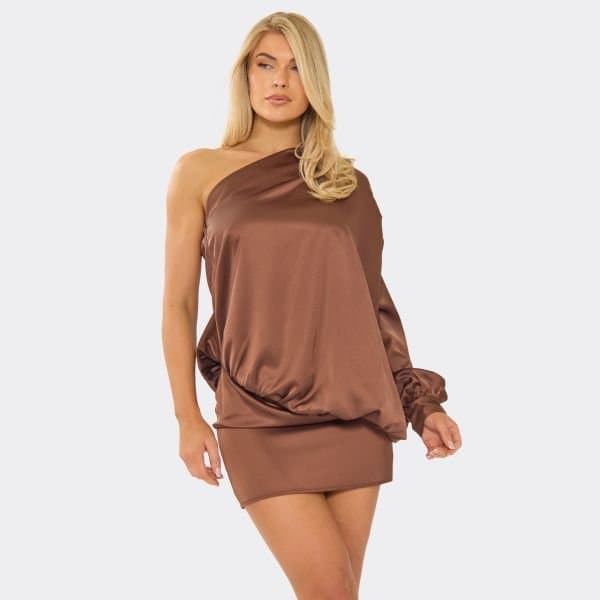 EGO One Shoulder Pleated Blouson Mini Dress In Chocolate Brown Satin, Women's Size UK 6