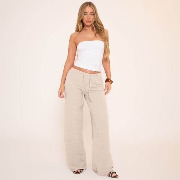 EGO Mid Rise Wide Leg Trousers In Cream Texture, Women's Size UK 6