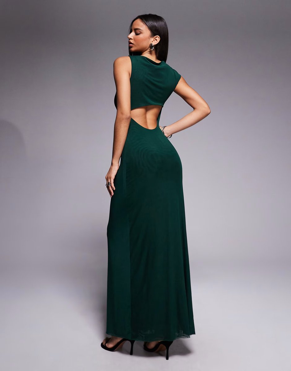 ASOS Forever New mesh knot detail maxi dress in dark green - 4