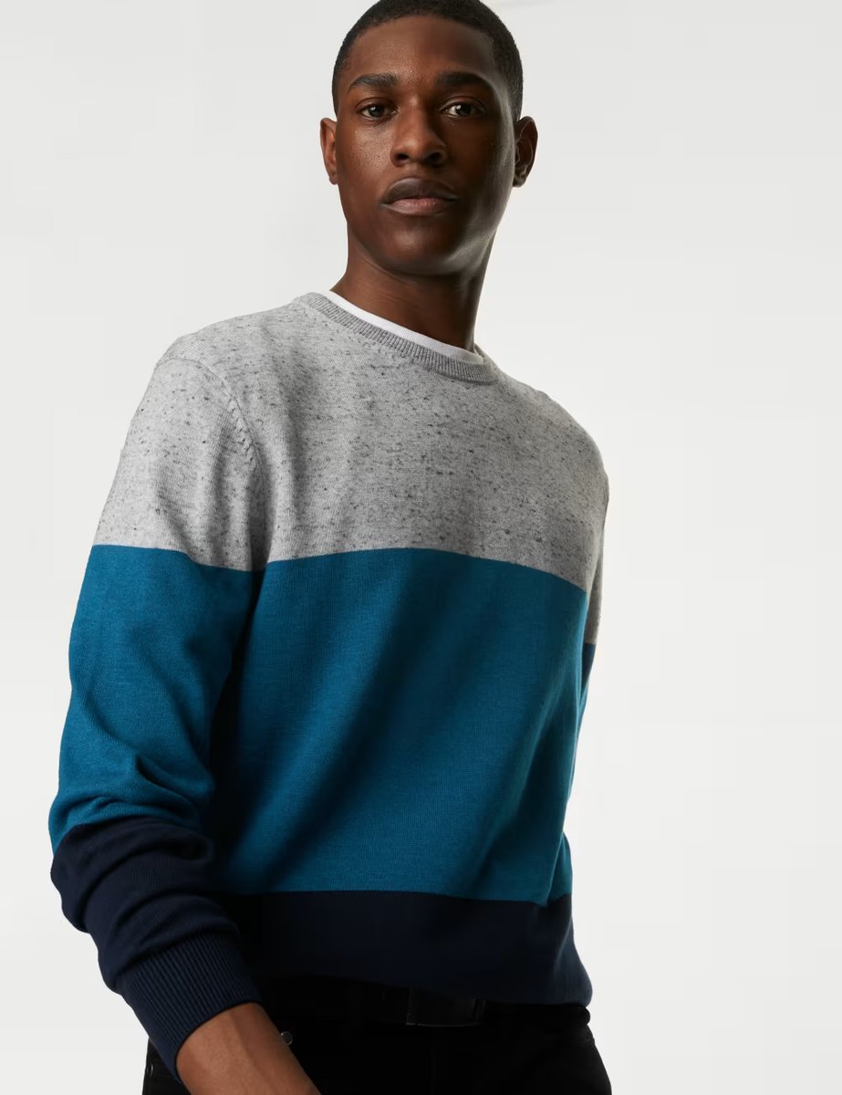 Marks & Spencer M&S Pure Cotton Colour Block Crew Neck Jumper Teal Mix - 2