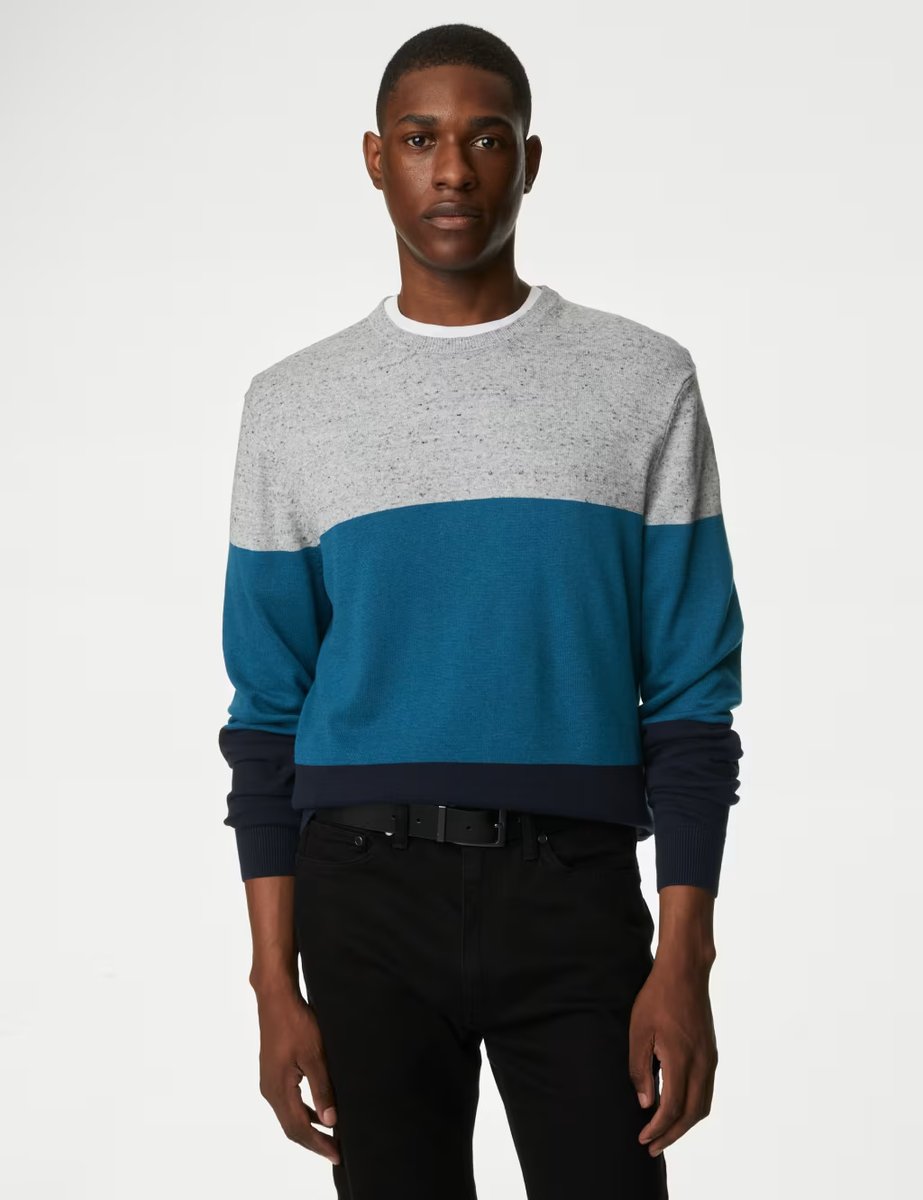 Marks & Spencer M&S Pure Cotton Colour Block Crew Neck Jumper Teal Mix - 3