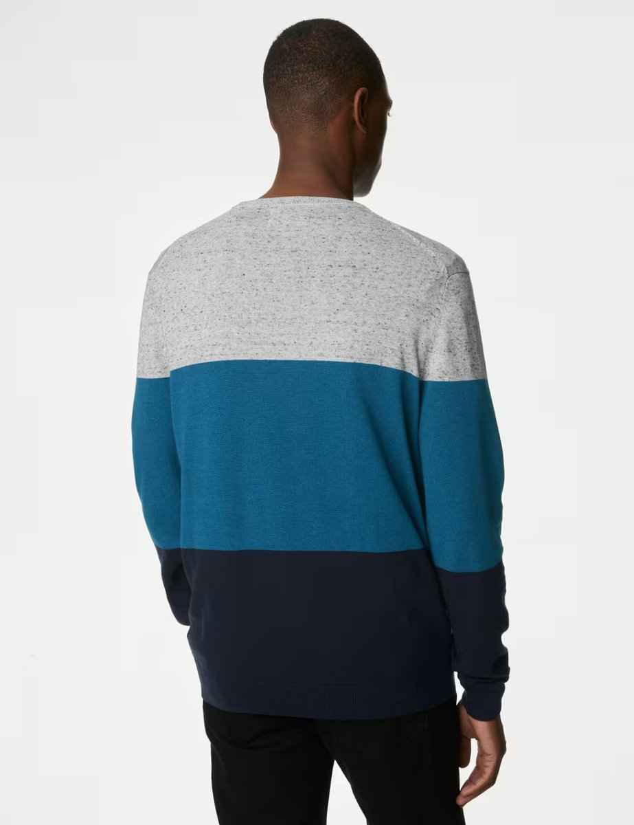Marks & Spencer M&S Pure Cotton Colour Block Crew Neck Jumper Teal Mix - 4