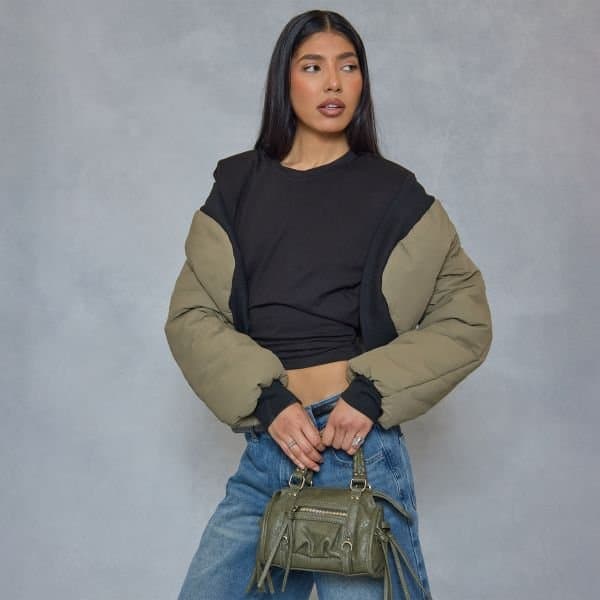 EGO EGO Cropped Rib Edge Detail Puffer Coat in Green