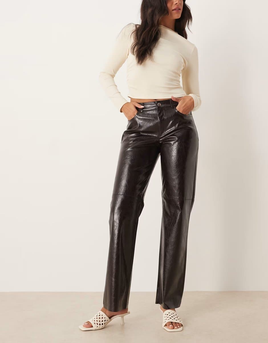 ASOS ASOS JDY Stitch Detail Faux Leather Trousers in Dark Brown