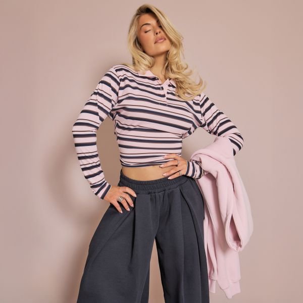 EGO Long Sleeve Button Detail Cinched Waist Top In Pink Stripe, Women's Size UK 6 - 1