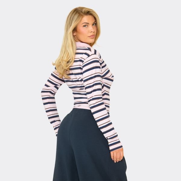 EGO Long Sleeve Button Detail Cinched Waist Top In Pink Stripe, Women's Size UK 6 - 2
