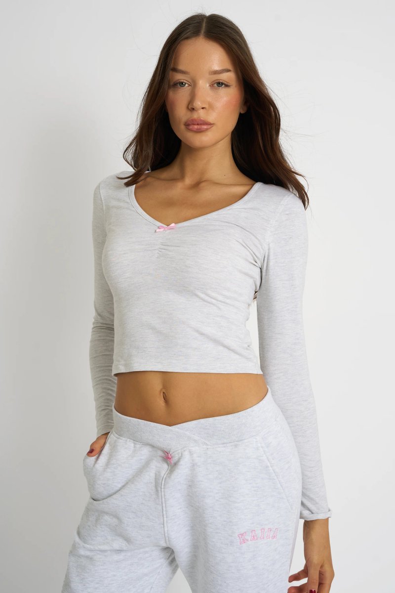 Kaiia Kaiia Bow Detail Ruched Top Light Grey Marl - 1