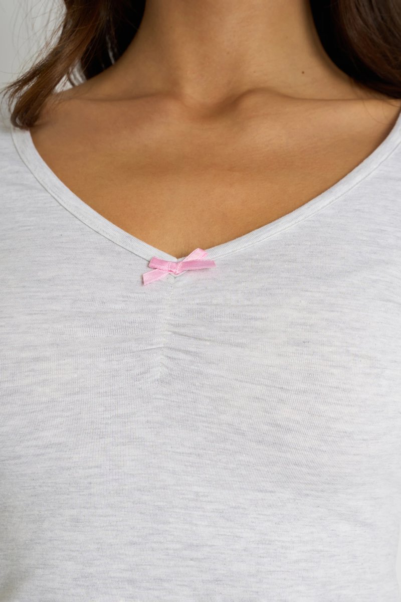 Kaiia Kaiia Bow Detail Ruched Top Light Grey Marl - 4