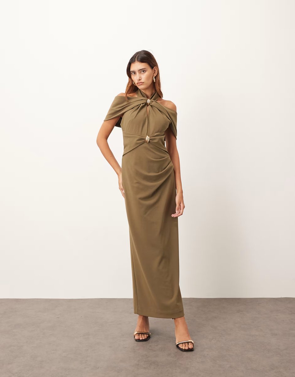 ASOS ARRANGE off shoulder halter maxi dress with gold hardware in olive - 3