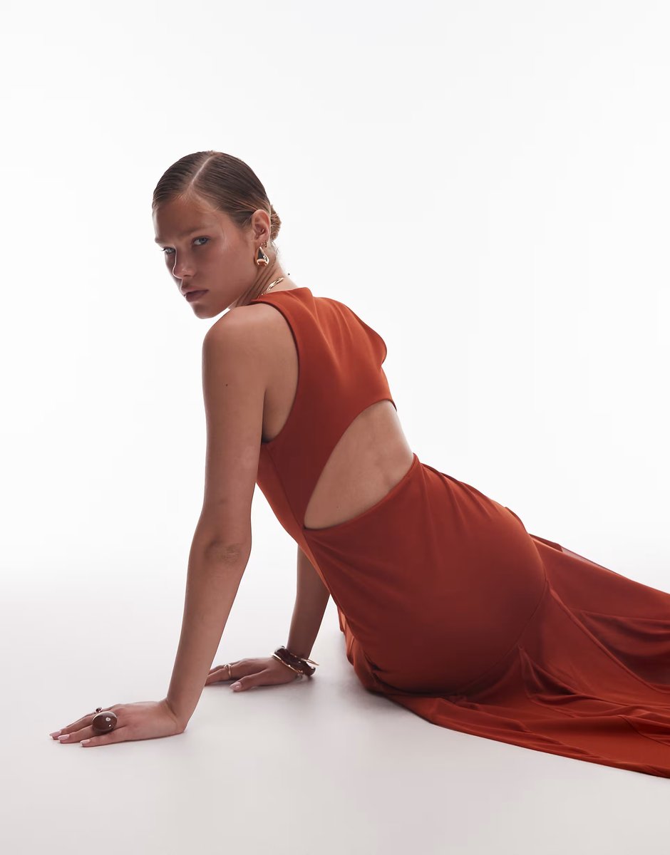 ASOS ASOS DESIGN scoop neck maxi dress with sheer godet skirt in rust - 3