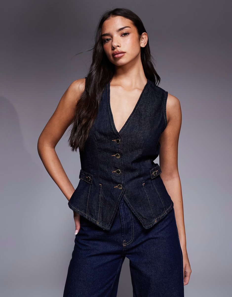 ASOS River Island detailed denim waistcoat in dark denim - 3