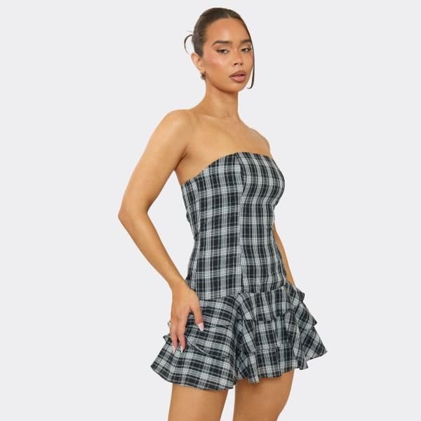 EGO Bandeau Ruffle Hem Mini Dress In Blue Woven Check, Women's Size UK 6 - 1