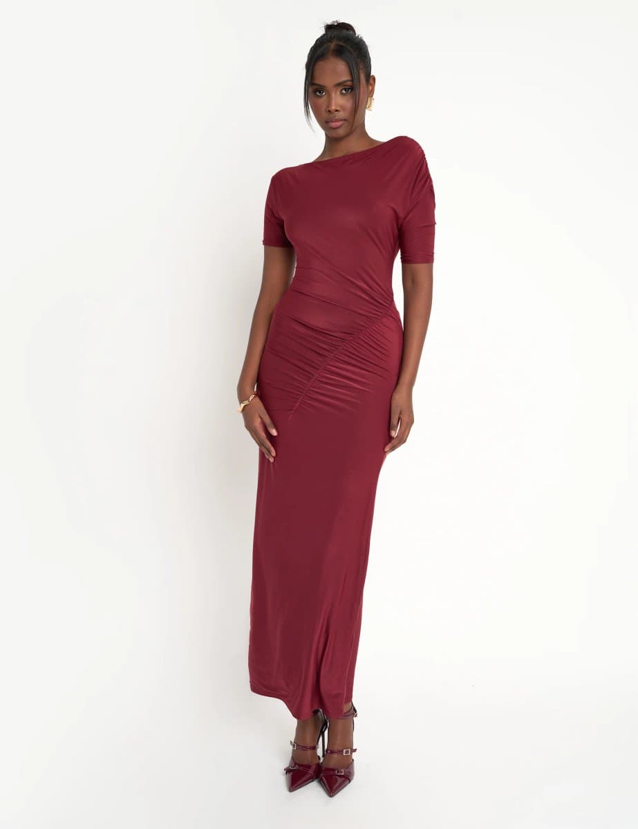Public Desire Slinky Ruched Detail Maxi Dress Burgundy