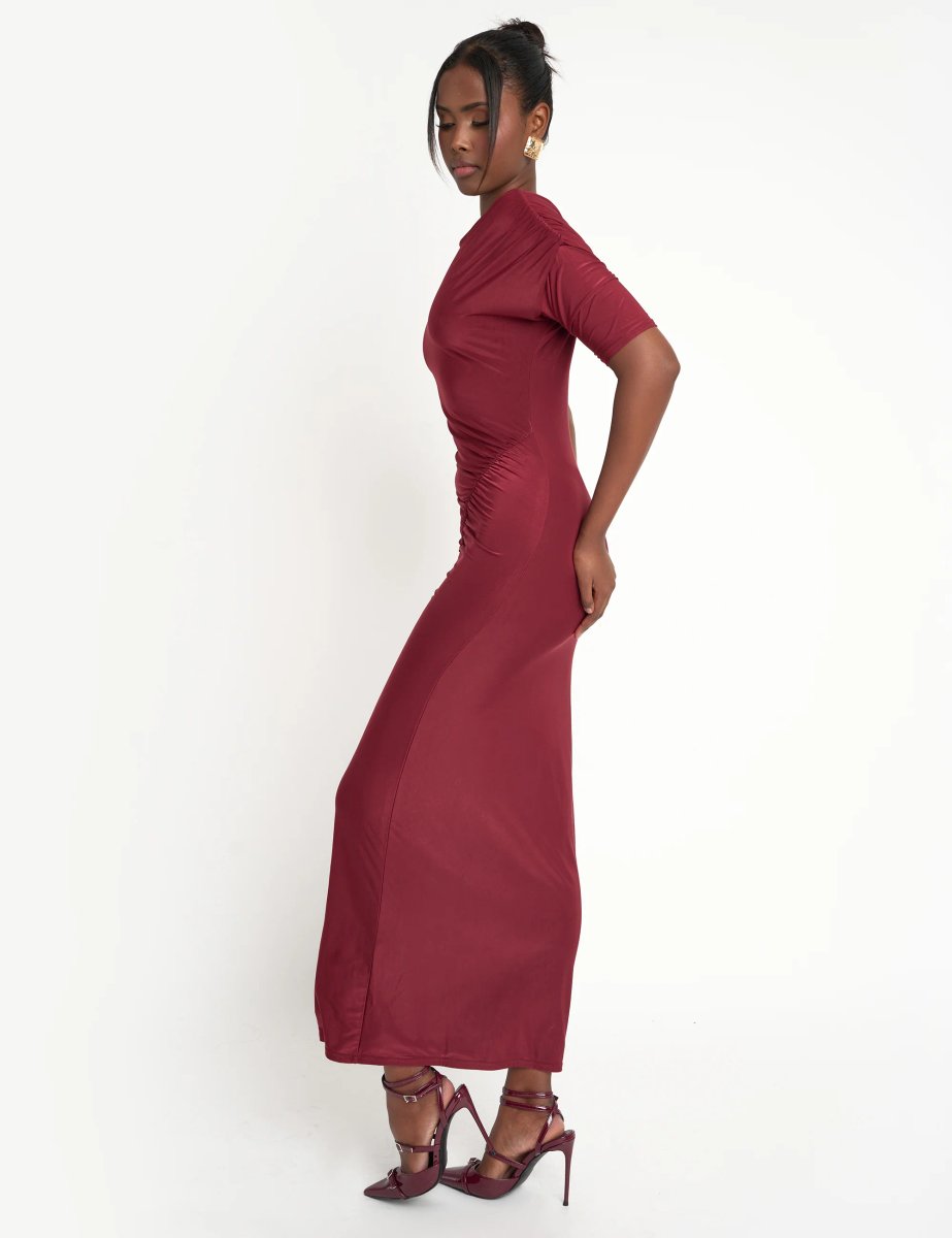 Public Desire Slinky Ruched Detail Maxi Dress Burgundy - 2