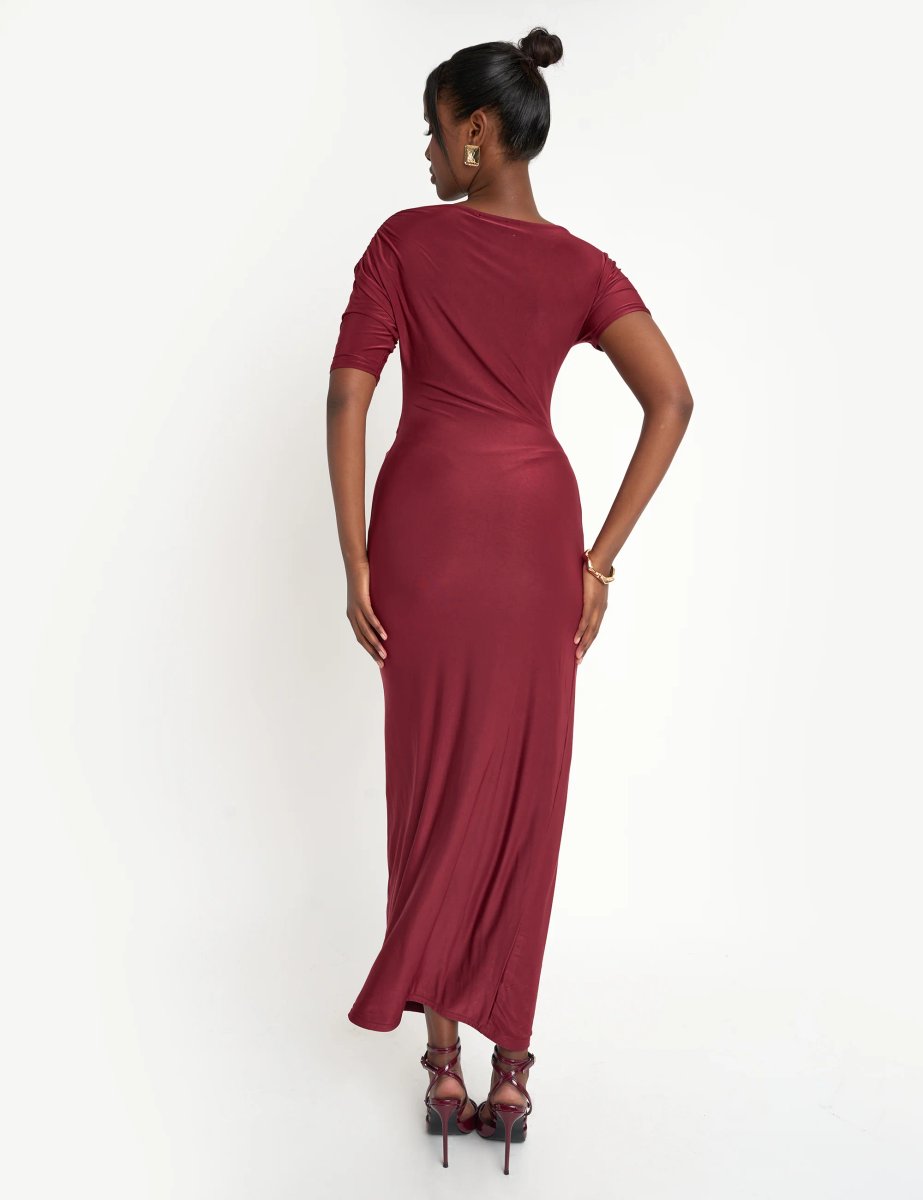 Public Desire Slinky Ruched Detail Maxi Dress Burgundy - 3