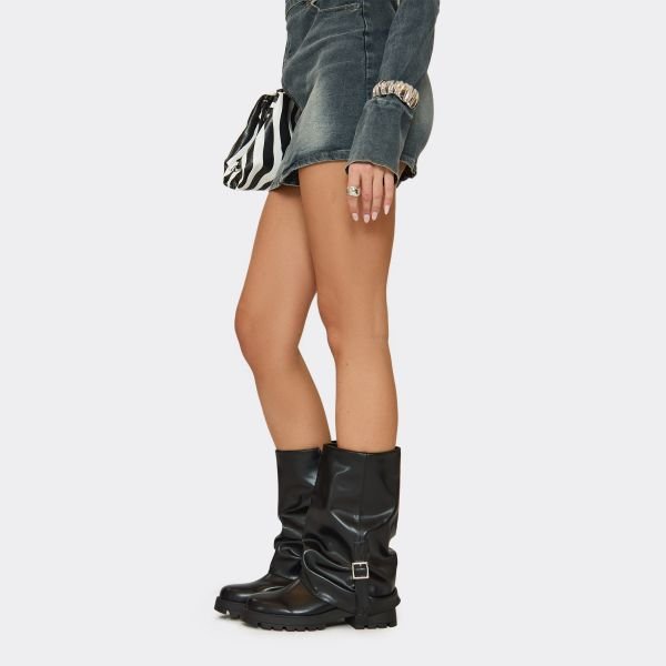 EGO Crisp Buckle Detail Chunky Mid Calf Biker Boot In Black Faux Leather, Women's Size UK 3 - 1