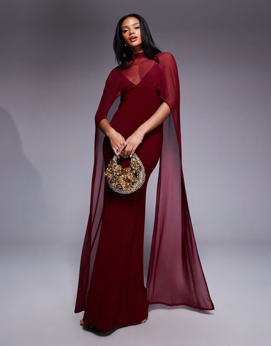 ASOS ASOS DESIGN exaggerated cape maxi dress in burgundy