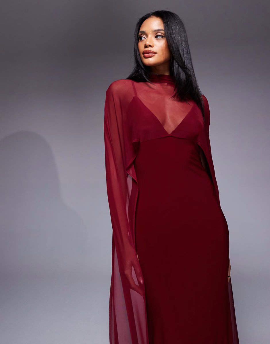 ASOS ASOS DESIGN exaggerated cape maxi dress in burgundy - 3