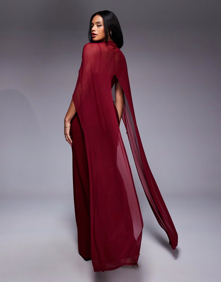 ASOS ASOS DESIGN exaggerated cape maxi dress in burgundy - 4