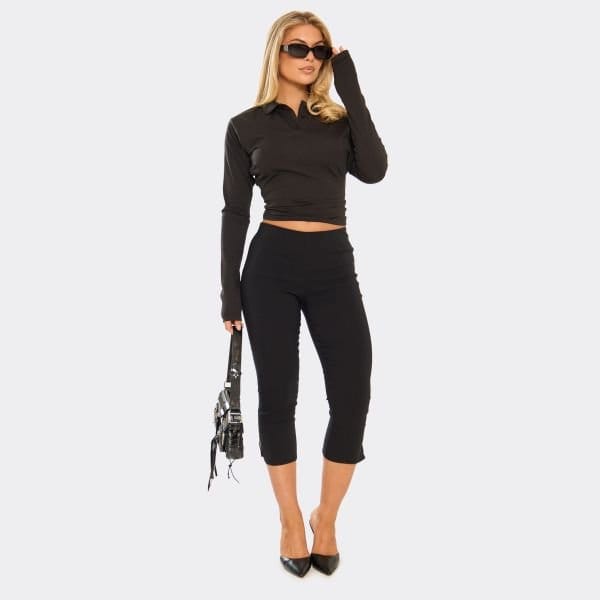 EGO Low Rise Split Hem Capri Trousers In Black, Women's Size UK 4 - 1
