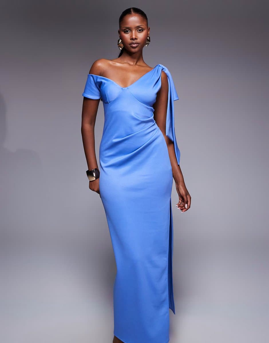 ASOS ASOS DESIGN fallen shoulder with drape detail midi dress in blue