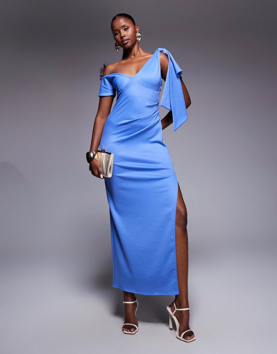 ASOS ASOS DESIGN fallen shoulder with drape detail midi dress in blue - 3