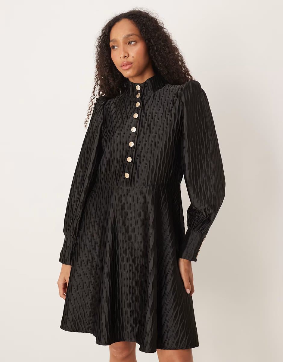 ASOS YAS high neck satin mini dress with button front in black