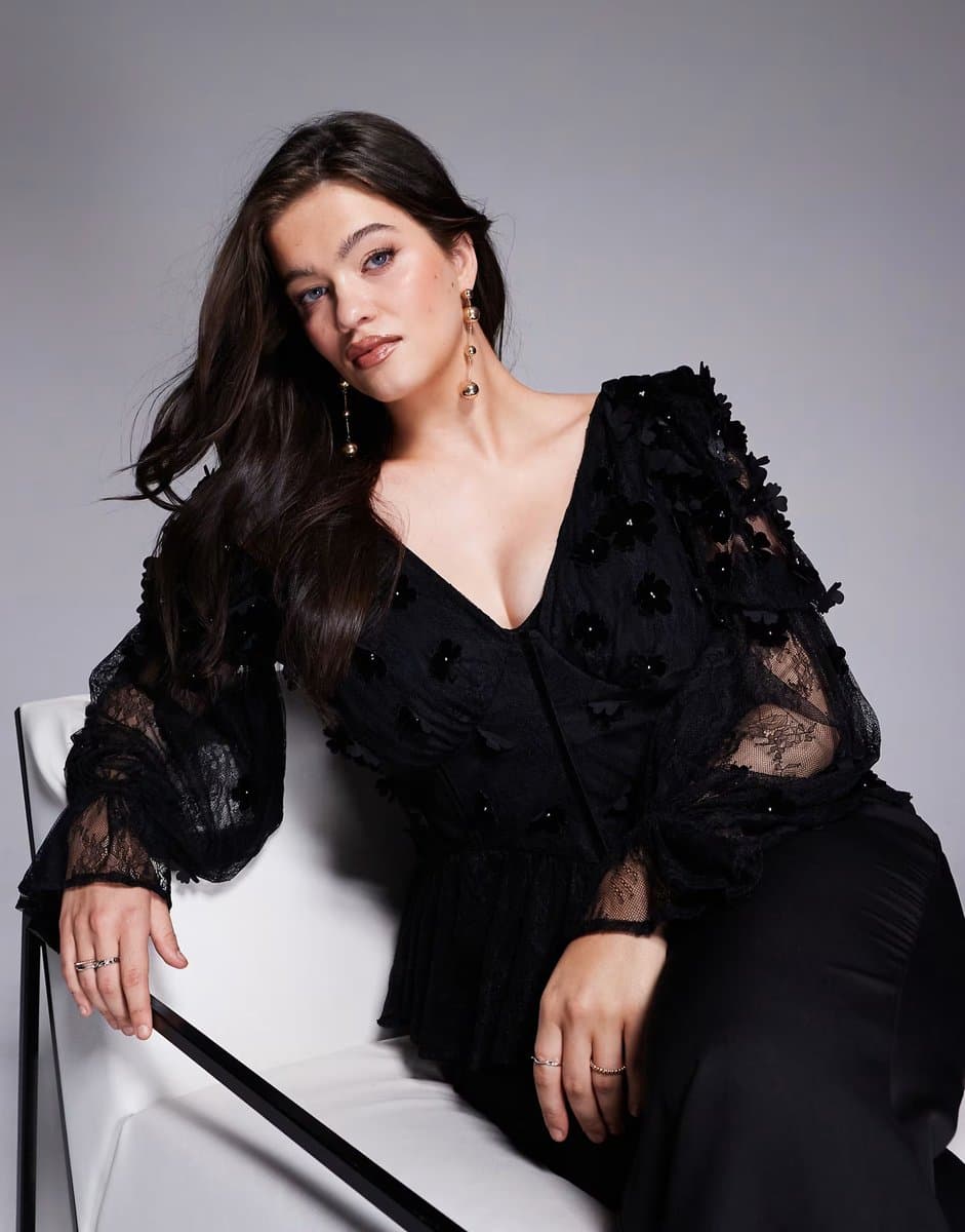 ASOS ASOS LUXE Curve mesh floral bardot long sleeved top with velvet flowers and pearl embellishment in black