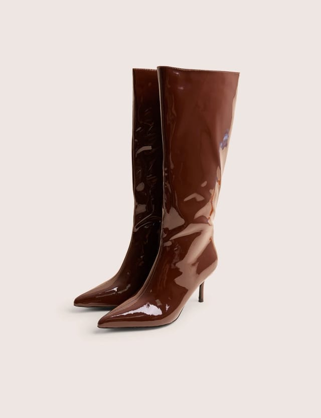 Public Desire Amped Chocolate Patent Pointed Toe Mid Heel Knee High Boots - 2