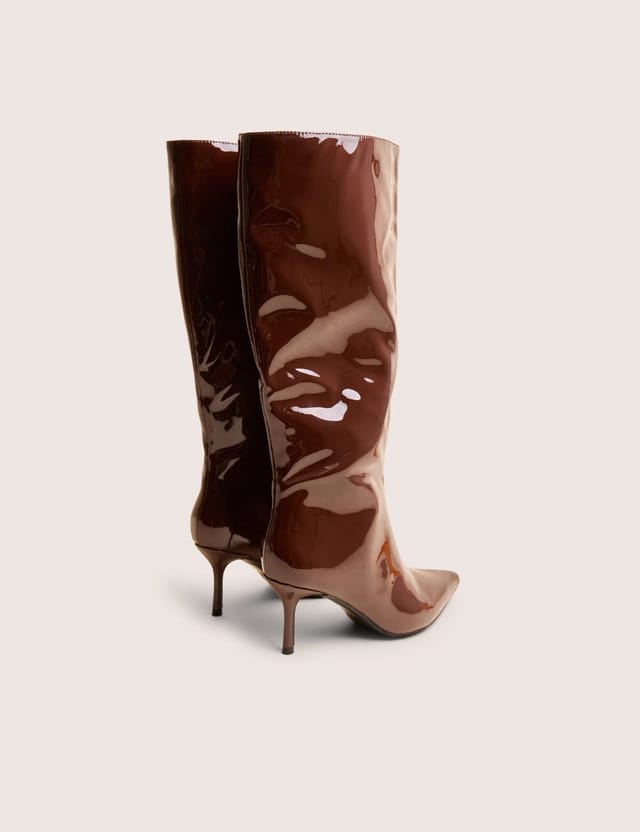 Public Desire Amped Chocolate Patent Pointed Toe Mid Heel Knee High Boots - 3