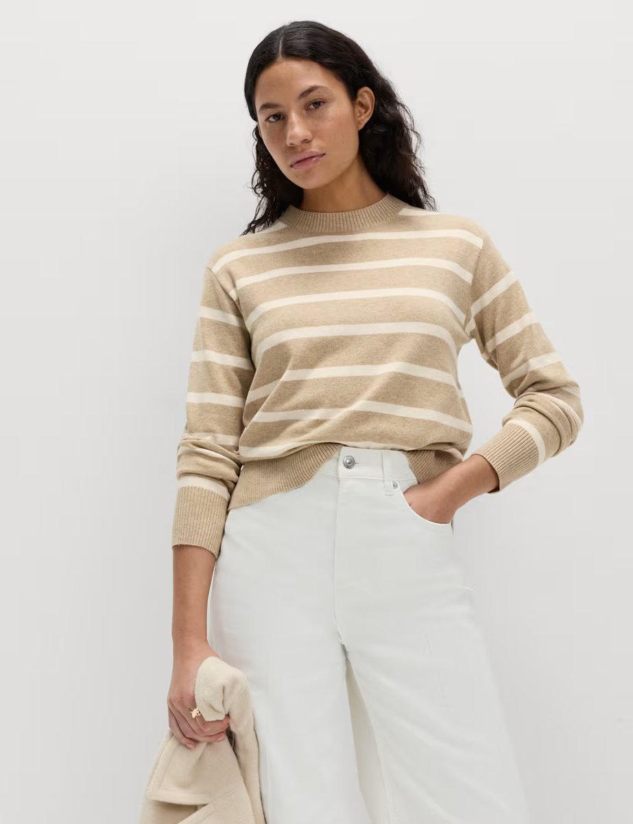 Marks & Spencer M&S Air-Yarn Striped Crew Jumper Sandstone - 2