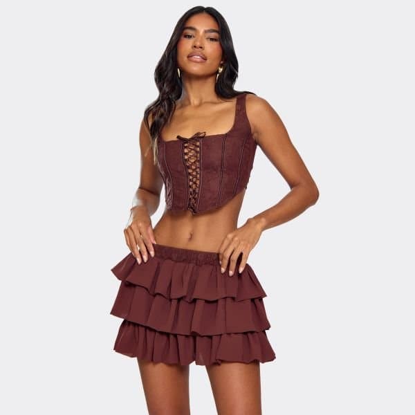 EGO EGO Square Neck Lace Up Front Corset Top in Chocolate Brown
