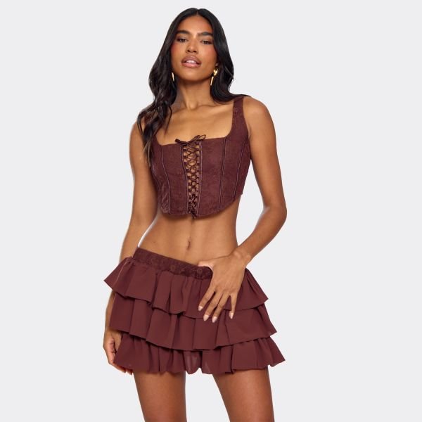 EGO Square Neck Lace Up Front Detail Structured Corset Top In Chocolate Brown, Women's Size UK 6 - 2