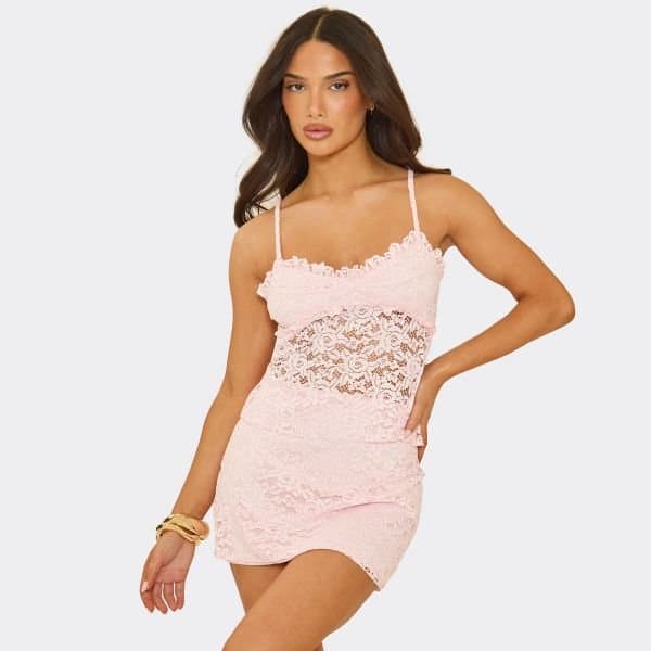 EGO Strappy Frill Hem Detail Top In Baby Pink Lace, Women's Size UK 6