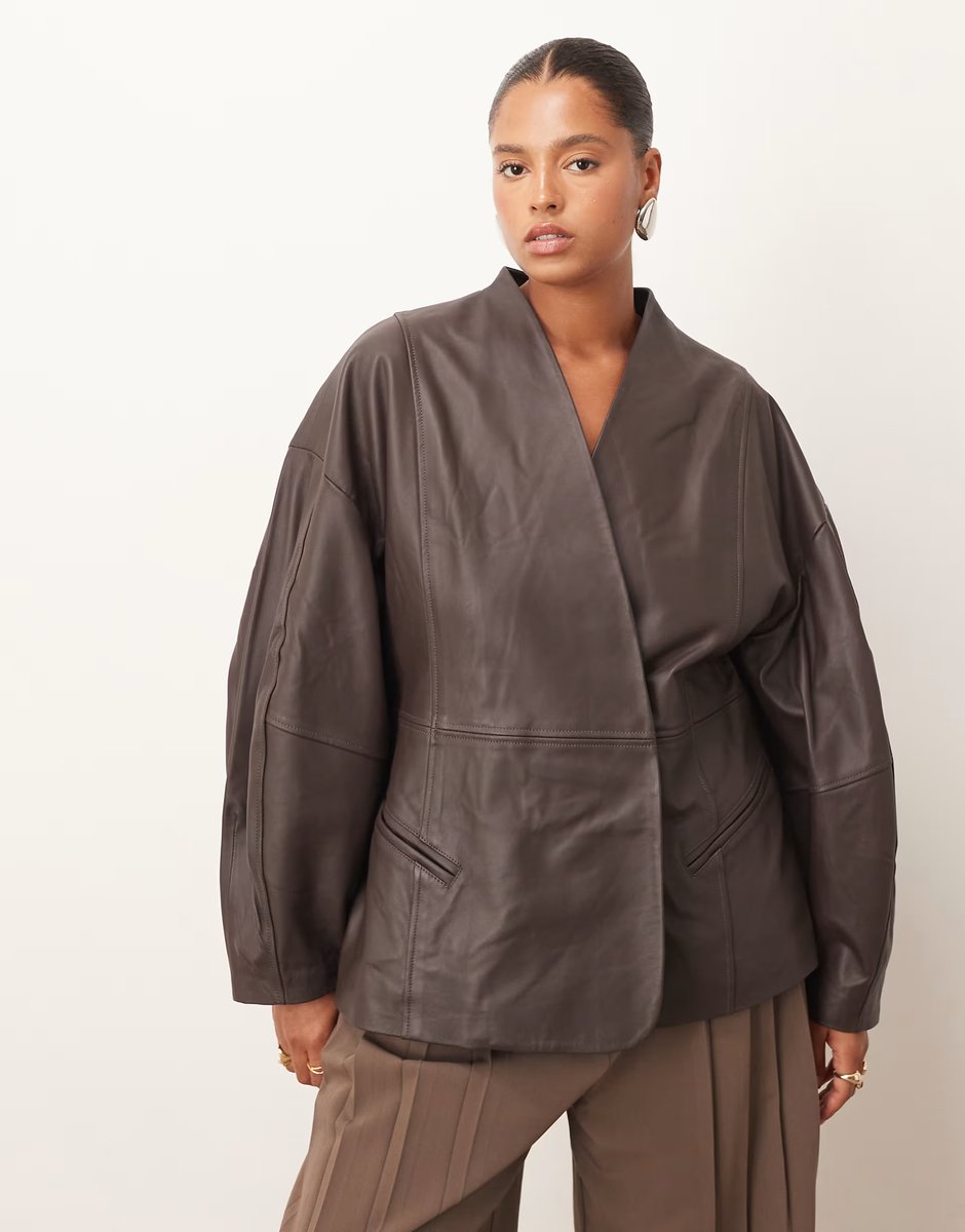 ASOS ARRANGE Curve soft leather jacket with cinched waist and ovoid sleeve in chocolate - 1