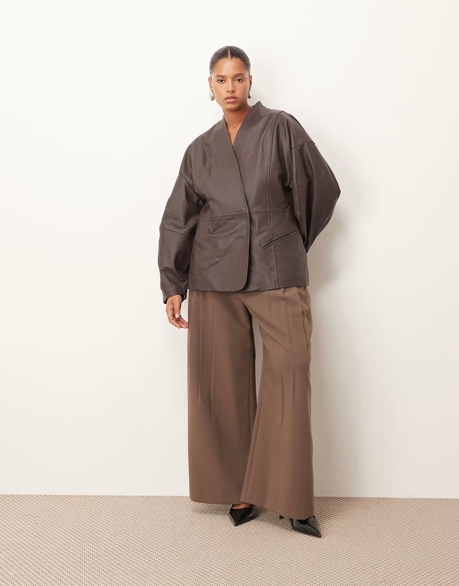 ASOS ARRANGE Curve soft leather jacket with cinched waist and ovoid sleeve in chocolate - 3