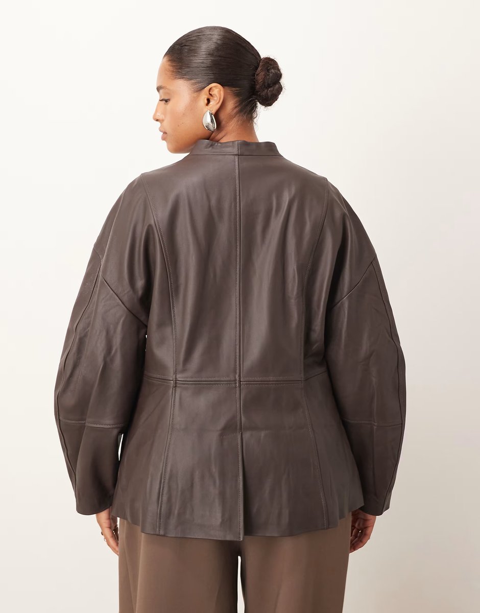 ASOS ARRANGE Curve soft leather jacket with cinched waist and ovoid sleeve in chocolate - 4
