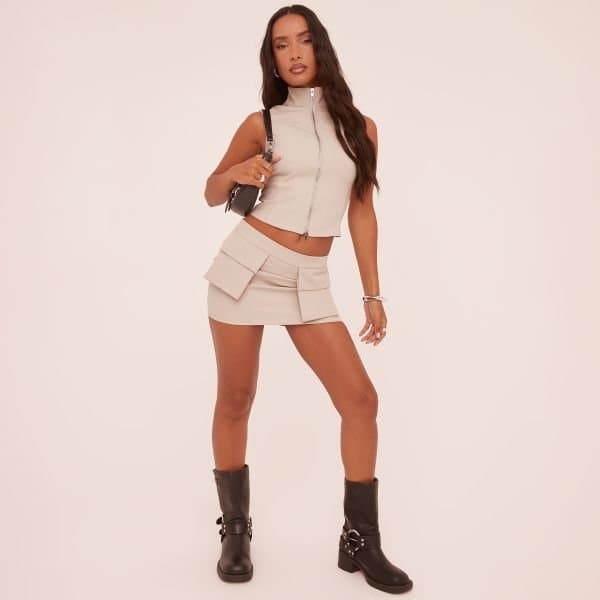 EGO Low Rise Cargo Mini Bodycon Skirt In Stone, Women's Size UK 4