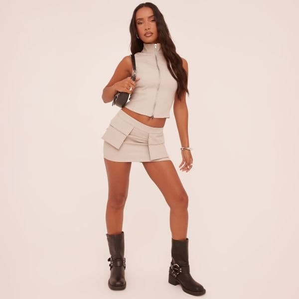 EGO Low Rise Cargo Mini Bodycon Skirt In Stone, Women's Size UK 4 - 1