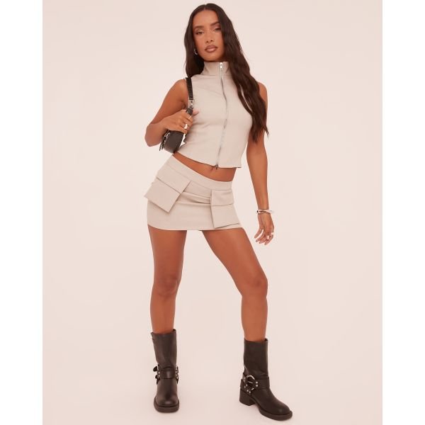 EGO Low Rise Cargo Mini Bodycon Skirt In Stone, Women's Size UK 4 - 2