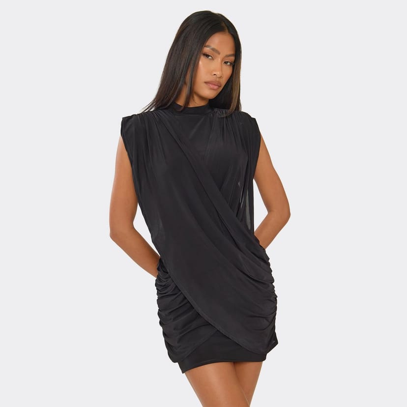 EGO High Neck Shoulder Pad Cross Over Draped Mini Dress In Black, Women's Size UK 6 - 1
