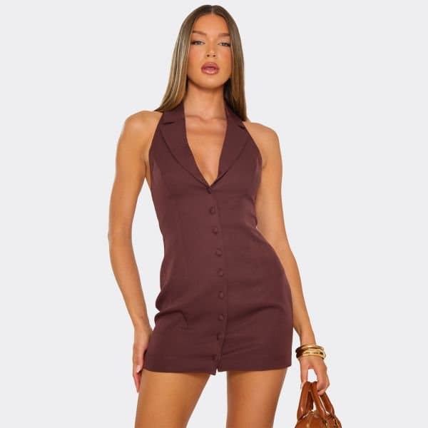 EGO Sleeveless Plunge Halterneck Tailored Mini Dress In Chocolate Brown, Women's Size UK 4