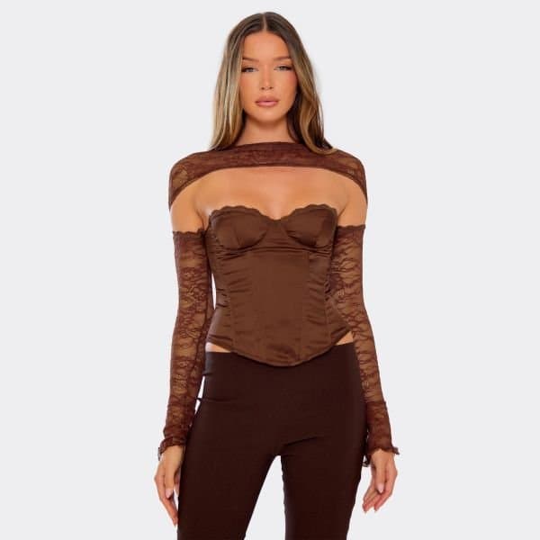 EGO EGO Bandeau Corset Top with Lace Sleeves in Chocolate Brown